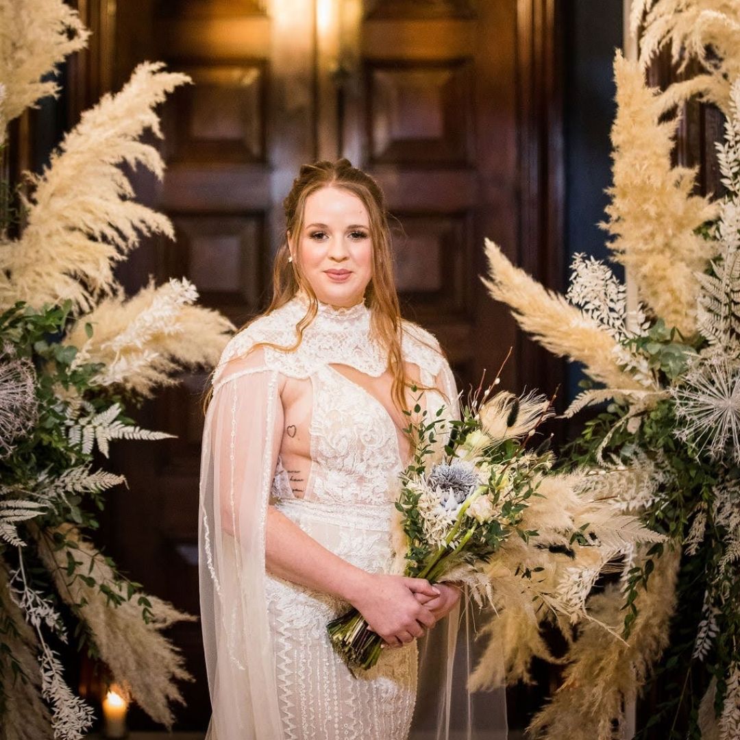 Bride with pampas grass decor 