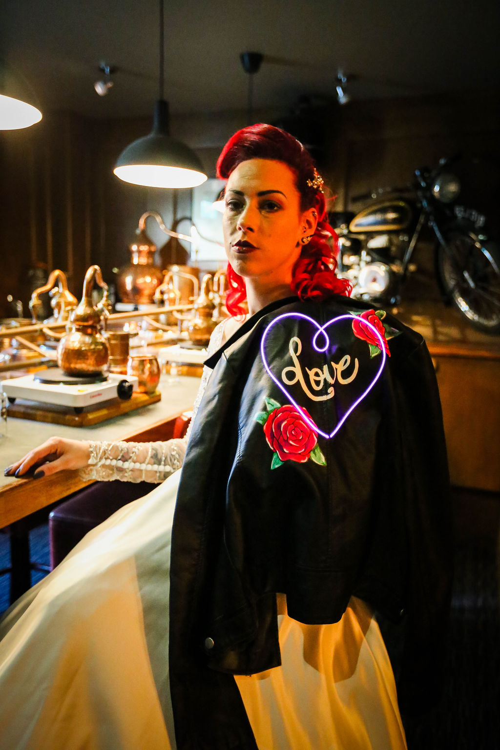 Hand painted leather jacket with neon light up heart