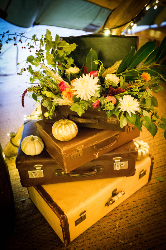 Suitcases decorated with pumpkins